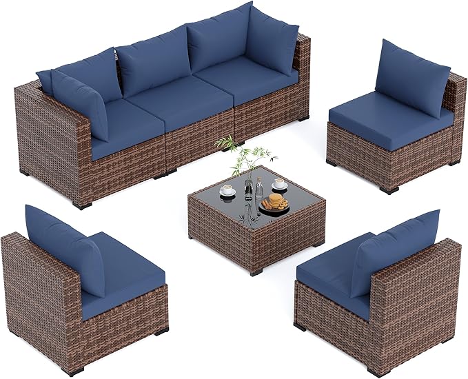UDPATIO Patio Furniture Set, 7 Piece Outdoor Sectional Sofas with Wicker Coffee Table, Outdoor Patio Conversation Set for Garden, Backyard Navy Blue