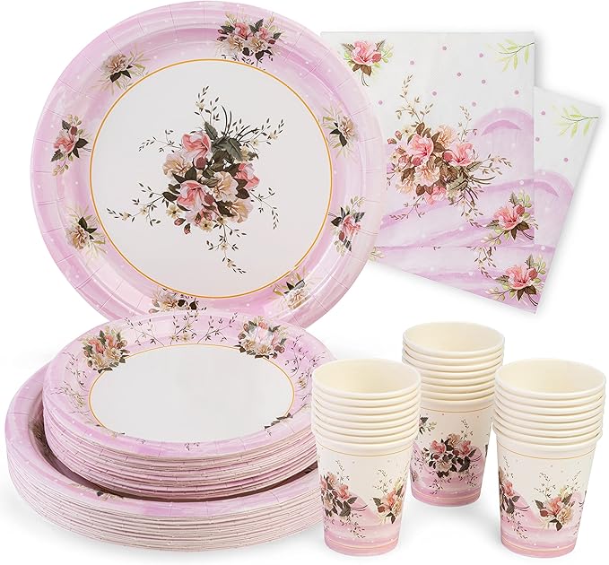 ROYAL BLUEBONNET Paper Plates and Napkins Set, Floral Design, 24 Pieces, Pink, Spring, Disposable Party Supplies