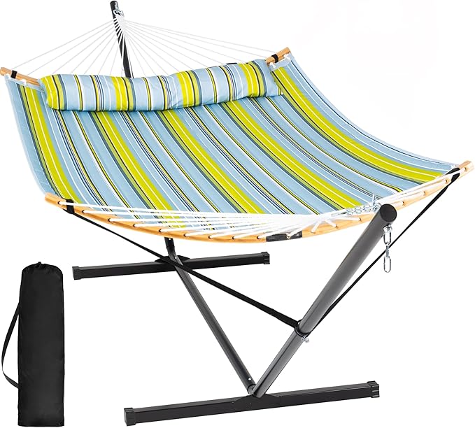 SUNCREAT Portable Outdoor Hammock with Stand Included, Double Hammock with Stand for Outside, Yellow Blue