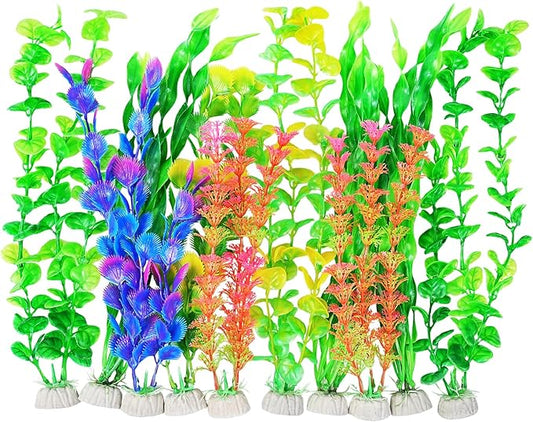 AQUANEAT Artificial Fish Tank Plants, Plastic Aquarium Accessories, Multi Color Fake Decorations, 10packs