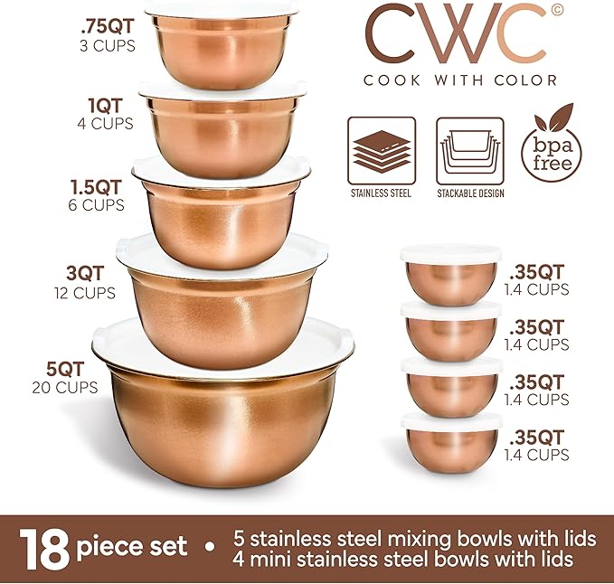 COOK WITH COLOR 18 Piece Mixing Bowls Set with Airtight Lids, Stainless Steel Bowl Organizers, Food Storage Containers, Meal Prep, Nesting Salad Bowls For Cooking, Baking, Kitchen Use, Copper
