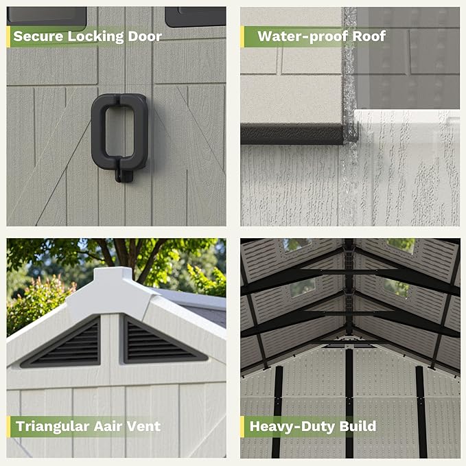 Greesum 10x10 FT Plastic Outdoor Storage Shed with Floor, Resin Sheds with Windows and Skylights, Weather Resistant Organization with Lockable Door, for Garden, Lawn, Pool Supplies, Beige