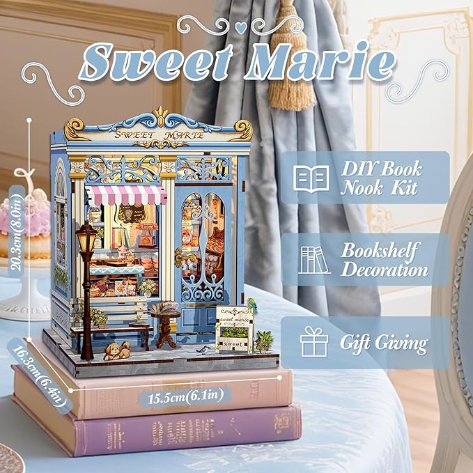 Fsolis Book Nook Kit - DIY Miniature House Kit 3D Puzzles for Adults and Beginners, 242 pcs, Booknook Bakery Bookshelf Decor Tiny House Gifts for Women Teenagers Book Lovers (Sweet Marie)