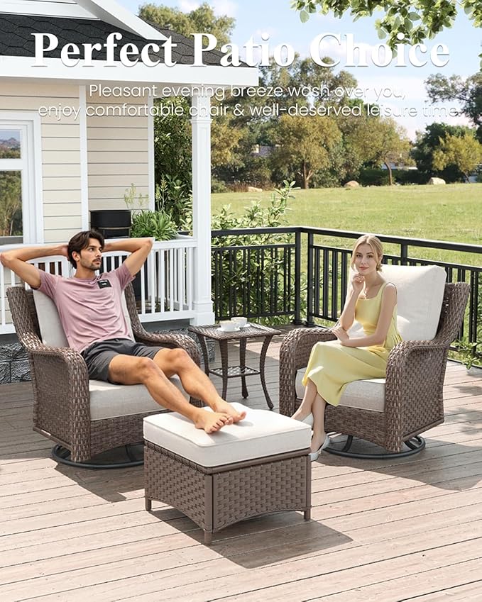 LayinSun 3 Piece Wicker Outdoor Furniture Set with 6-inch Comfy Cushions, High Back Patio Furniture Set with Swivel Rocking Chairs and Side Table