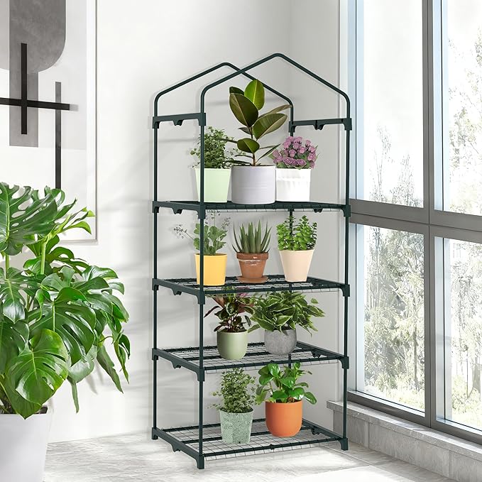 4-Tier Mini Greenhouse Indoor Outdoor with Shelves, Portable Small Green House for Plants with Durable PE Cover & Zipper Door for Seed Starting, Balcony, Patio Garden