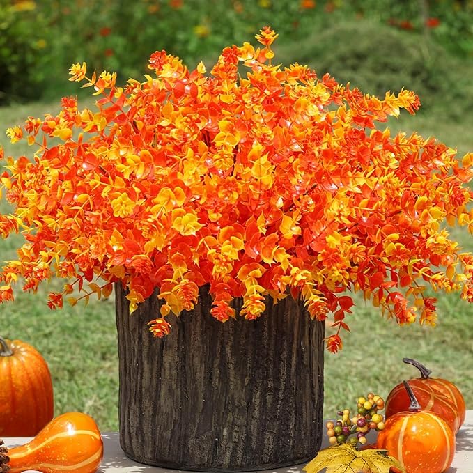 Ivydale Artificial Flowers for Outdoor Spring Decoration, 12 Bundles Eucalyptus Fake Plants UV Resistant, Faux Flowers Plastic Greenery Bushes Shrubs for Home Porch Outside Decor (Fall)
