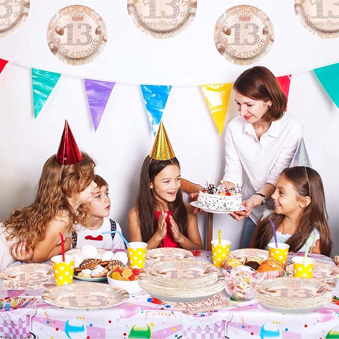 96 Pcs Rose Gold 13th Birthday Party Supplies 13th Birthday Plates and Napkins Tableware Sets Happy 13th Birthday Decorations Favors for Girls 13 Year Old Birthday Official Teenager Party Serves 24