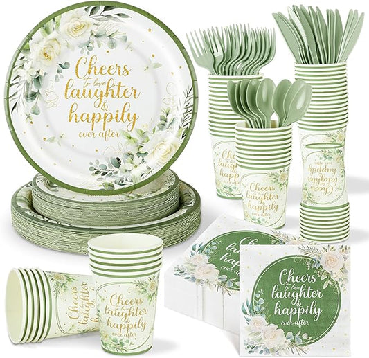 350 Pcs Eucalyptus Leaves Bridal Shower Paper Plates Napkins Cups Disposable Sage Green Tableware Set With Knives Forks Cheers to Love Party Favors for 50 Guest Wedding Engagement Decor