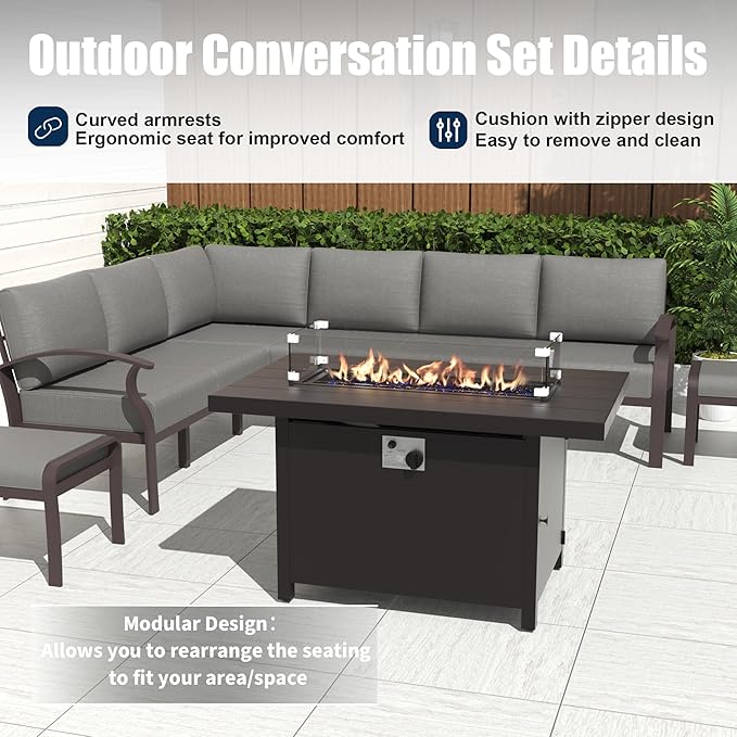 Kurapika Patio Furniture Set 10-Piece Aluminum Sectional Sofa with Armrest, Modern Outdoor Conversation Set w/55000 BTU Propane Fire Pit Table, Metal Corner Sofa with Ottoman, Grey
