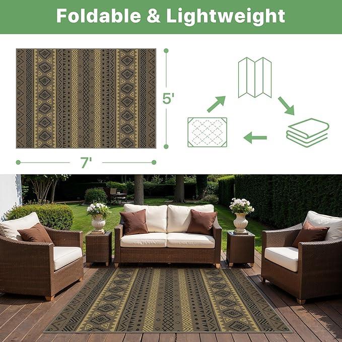 GENIMO Outdoor Rug for Patio Clearance, 5'x7' Reversible Plastic Straw Rugs, Lightweight Waterproof RV Camping Mat for Camper, Balcony, Deck, Backyard, Picnic, CoffeeBeige