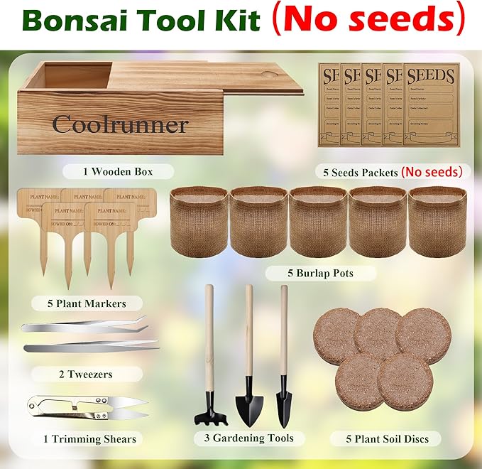 Bonsai Tree Kit, Wooden Bonsai Starter Kit, Coolrunner Bonsai Tree Starter Kit, Mini Bonsai Plant Growing Kit with Seeds Packets, Soil Discs, Jute Bags, Plant Markers, Gardening Tools etc (No Seeds)