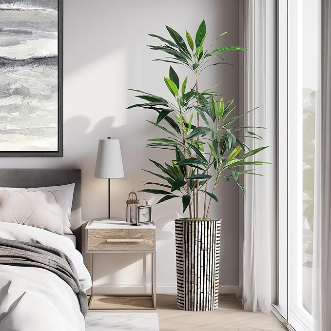 Artificial Tree in Black and Brown Striped Planter, Fake Dracaena Tree Silk Tree for Indoor and Outdoor Home Decoration - 66" Overall Tall (Plant Pot Plus Tree)