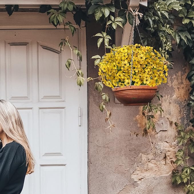 15 Bundles Artificial Flowers UV Resistant Outdoor Plants No Fade Faux Plastic Shrubs Fake Silk Flowers Window Box Garden Porch Home Decoration (Yellow)