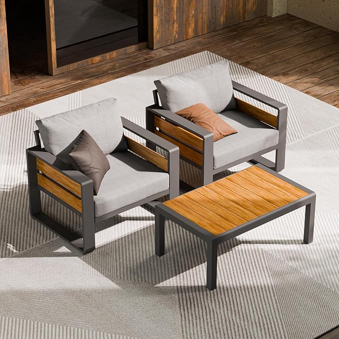 ZANDOR Aluminum Outdoor Patio Furniture - 2 Pcs Armchairs and Coffee Table, All-Weather Metal Modern Outside Furniture with Washable Thick Cushion for Garden/Backyard/Porch, Grey