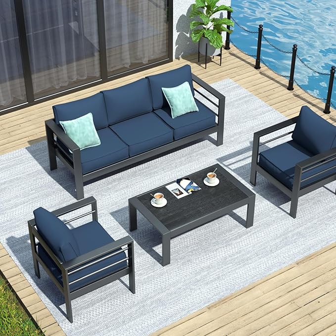 Aluminum Patio Furniture Set, 6 Piece Metal Outdoor Furniture Set, Patio Sets with Waterproof Covers for Backyard Garden(Blue&Black)