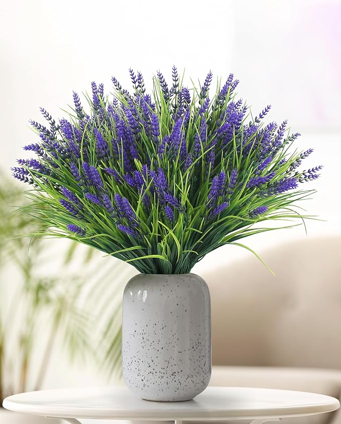 ZINHO 24 Bundles Artificial Flowers Outdoor, Faux Lavender Flowers with Grass UV Resistant Artificial Plants for Outdoor Outside Hanging Planter Window Box Garden Patio Front Porch Decor