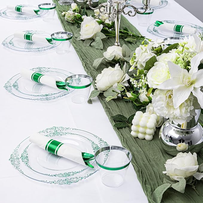 Hioasis 175pcs Clear Green Plastic Plates - Elegant Disposable Dinnerware Set Suitable for 25 Guests Include 10.25" Dinner & 7.5" Dessert Plates, Pre Rolled Silverware Set, Cups for Party & Wedding