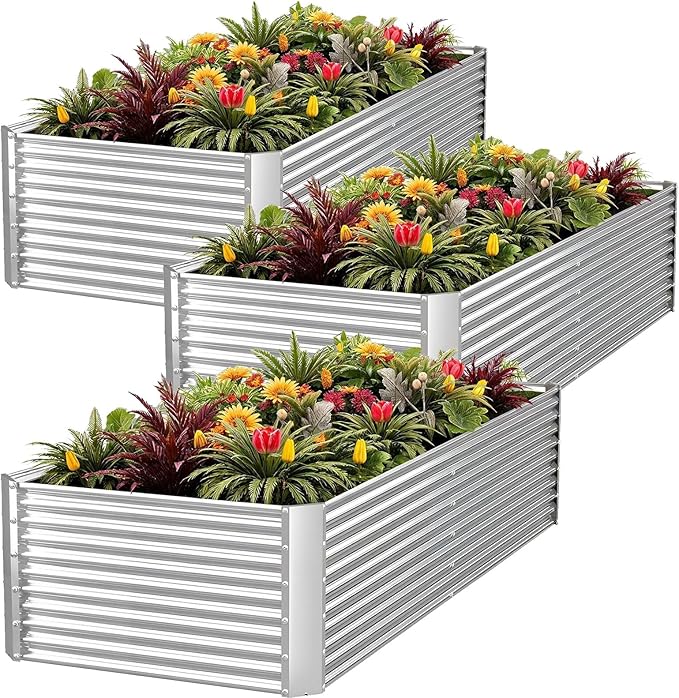 FRIZIONE 3pcs Tall 4x2ft Galvanized Raised Garden Bed Outdoor,Above Ground Garden Bed for Vegetable,Metal Raised Beds for Flower,Steel Raised Beds for Gardening