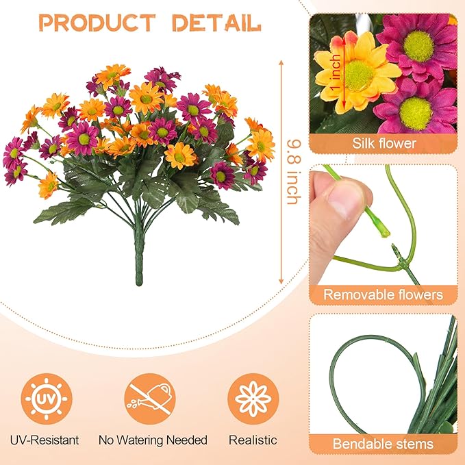 Fake Mums Fall Artificial Flowers for Outdoor Decoration, 6 Bundles Faux Silk Daisy Flowers Realistic UV Resistant No Fade Fall Fake Plants for Home Patio Porch Garden Window Box Decor(Purple Orange)