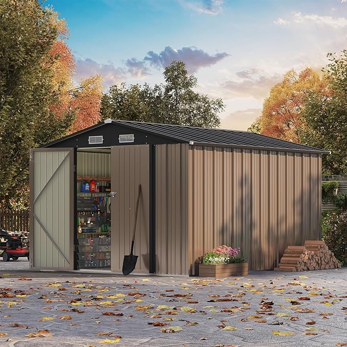 Patiowell 8x10 FT Outdoor Storage Shed, Large Garden Tool Metal Shed with Sloping Roof and Double Lockable Door, Outdoor Shed for Backyard Garden Patio Lawn, Brown