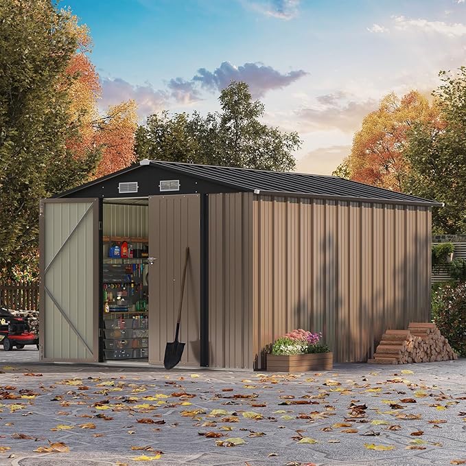 Patiowell 8x10 FT Outdoor Storage Shed with Floor Frame, Large Garden Tool Metal Shed with Sloping Roof and Double Lockable Door, Outdoor Shed for Backyard Garden Patio Lawn,Brown