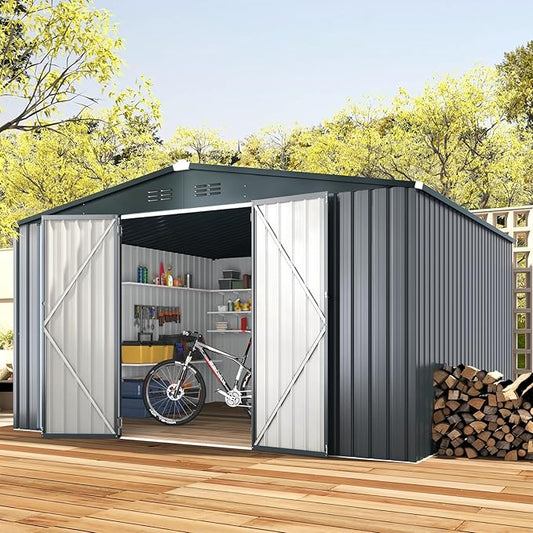 U-MAX 12x10 Storage Shed, Large Metal Outdoor Garden Sheds & Outdoor Storage Clearance, 10x12 Tool Shed Outdoor Storage Lockable for Backyard Outside Use in Dark Grey