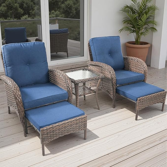Rilyson 5 Piece Patio Furniture Set - Wicker Balcony Furniture Set with Hidden Ottomans, Rattan Outdoor Patio Chairs with Side Table for Porch Deck Poolside Garden Brown/Blue