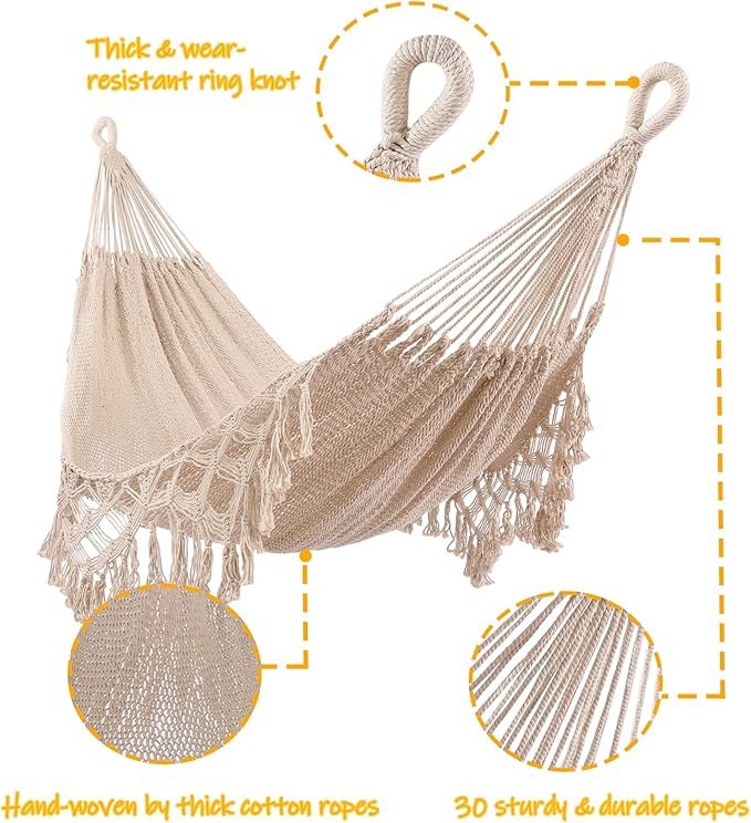 ZEAN Handwoven Hammock with Tassels by Thick Cotton Rope XL Two Person Hammock for Outside Patio Backyard Garden Beach 550LB Capacity