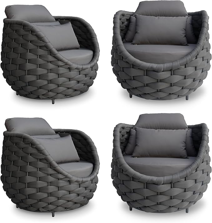 4 Pcs Patio Rope Accent Chair: Aluminum Single Lounge Armchair - Large Woven Chair Cushioned - Modern Arm Chair Assembled for 400lbs Outdoor Lanai Deck Balcony Porch Yard Garden Hotel, Dark Gray