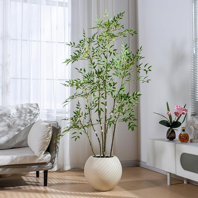 6ft Faux Bamboo Tree Artificial Nandina Tree Artificial Indoor Plants Realistic Fake Potted Tree with 800+ Leaves, Cement Planter - Home Office Decor Perfect for Housewarming Gift Non-Toxic