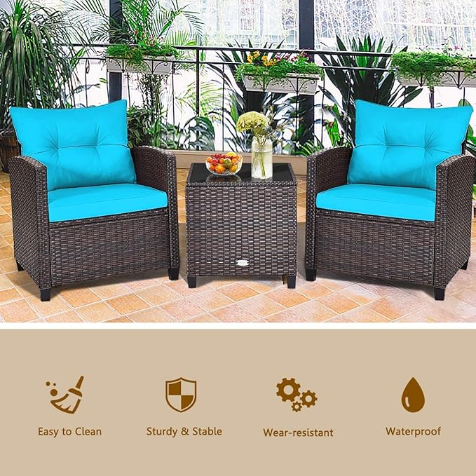 HAPPYGRILL 3 Pieces Patio Conversation Set, Outdoor Furniture Set PE Rattan Sofa Set with Removable Cushions, PE Wicker Chairs with Tempered Glass Side Table for Porch Lawn Garden Balcony Backyard