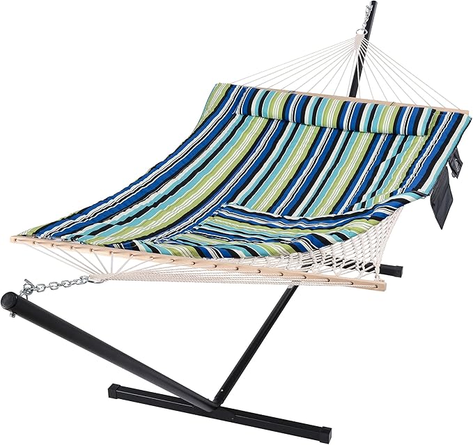 SUNCREAT Hammocks Double Cotton Rope Hammock with Polyester Pad, Heavy Duty Hammock with Steel Stand, Blue&Green