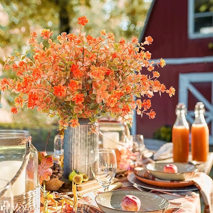 Uieke 24PCS Artificial Fall Flowers for Outdoors UV Resistant Faux Autumn Plants Bushes No Fade Plastic Plants for Outside Garden Porch Window Box Fall Décor Orange