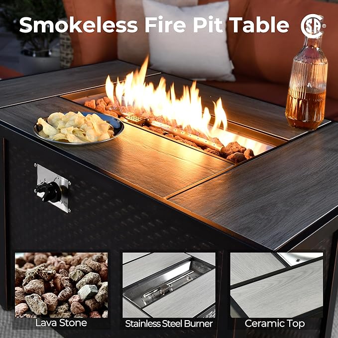 HOOOWOOO Outdoor Sectional Furniture Set with Fire Pit Table,9 Pieces Wicker Patio Conversation Sets,L Shape All Weather Outside Couch Sofa Set with Swivel Chairs Solar Light Table Ottoman,Denim Blue