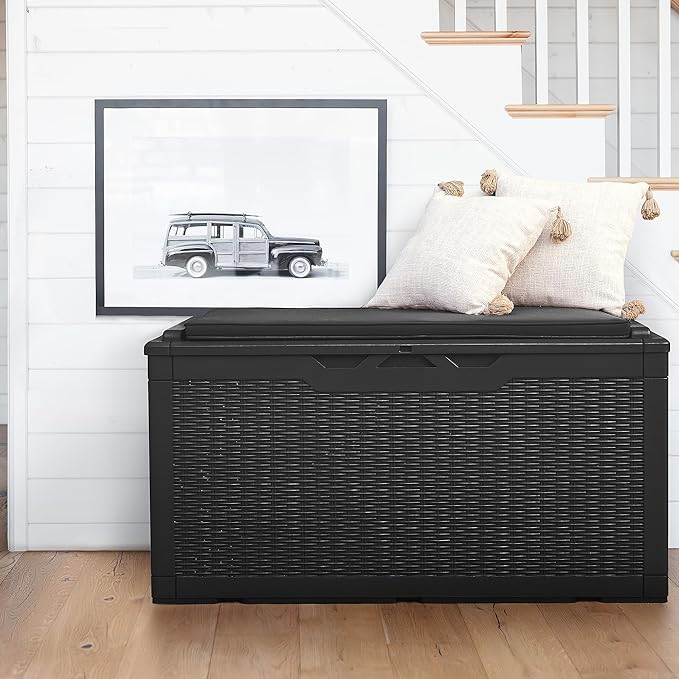 Flamaker Deck Box with Cushion 100 Gallon Waterproof Resin Storage Box with Air Rod Indoor Outdoor Lockable Storage Bench for Patio Furniture, Tools, Pool Accessories (Black)