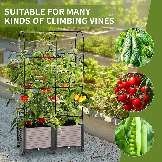 Raised Garden Bed Planter Box with Trellis, 72.8'' Tomato Planters for Climbing Plants Vegetable Vine Flowers Outdoor Patio Tomato Cage, Self Watering Planter with Wheels
