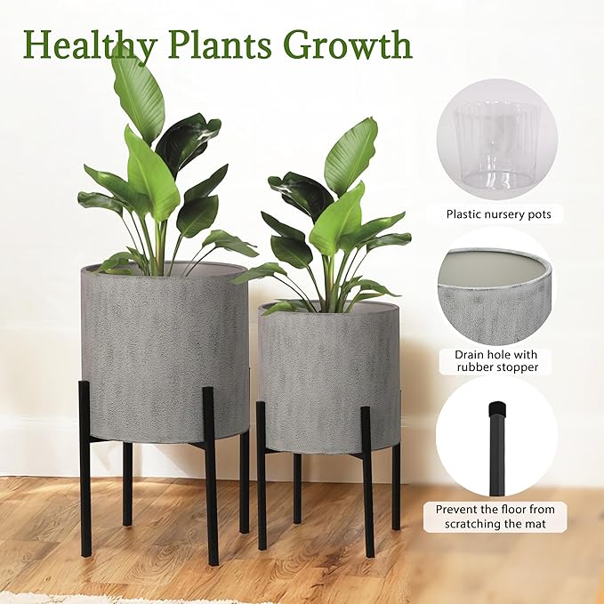 ARNIS Modern Plant Pots, Set of 2 Large Planters with Stand, Decorative Planters, Metal Pots with Drainage Holes for Living Room, Office, Garden or Balcony, 10.5 &12.55 Inch, Dark Cement Matte
