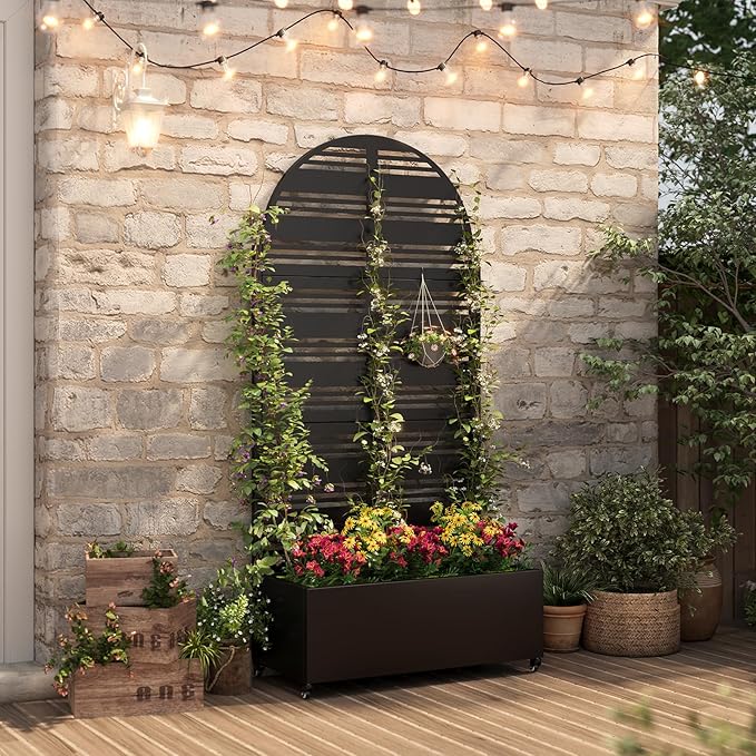 Metal Raised Garden Bed with Trellis & Wheels,70" x 35"x 15.7" Planter Box with Trellis,Privacy Planters for Patio,Garden Bed for Climbing Plants,Suitable for Climbing Plants and Vegetables,Black