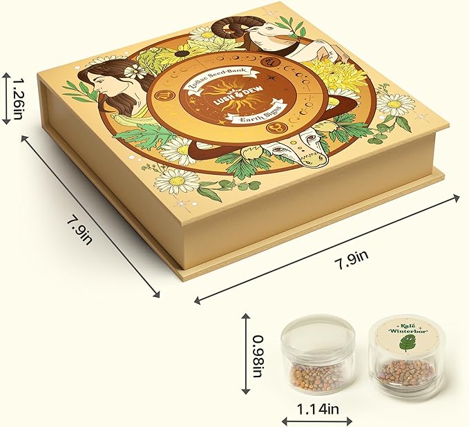 LUSH&DEW Gardening Gift for Women Men, Zodiac Garden Seed Bank, 12 Types Non-GMO Heirloom Vegetable Seeds in Seed Container, Moon Calendar, Witchcraft Magnetic Gift, Earth Signs Taurus Virgo Capricorn