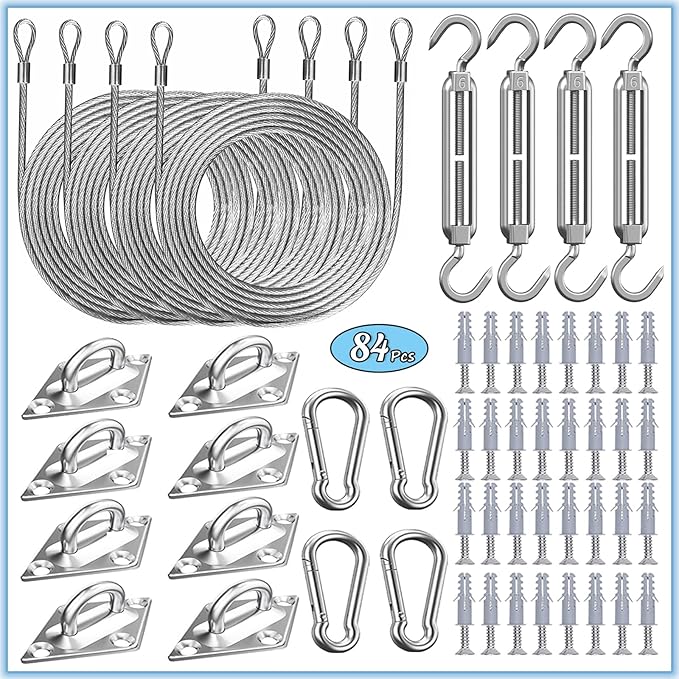 84 Pcs Sun Shade Sail Hardware Kit with Cable Wire Rope for Rectangle Square Triangle Shade Sail Installation, 6 inch 304 Grade Stainless for Garden,Outdoors,DIY Crafts,Railing