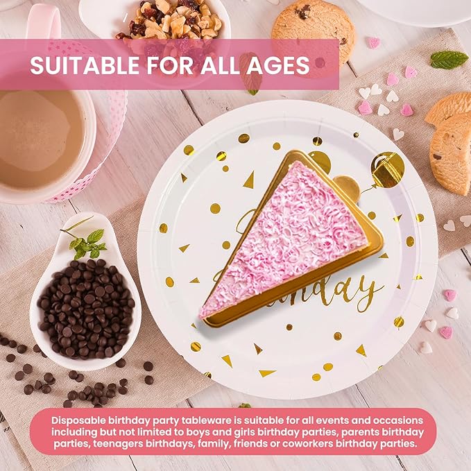 150PCS Happy Birthday Paper Plates and Napkins - 7 Inch White Gold Dot Paper Plates and 6.5 Inch Napkins with 6.3 Inch Gold Forks Disposable Tableware Set for Birthday Party Decorations, Serves 50