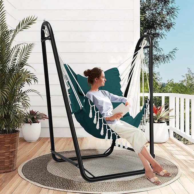 Hammock Chair with Stand,Heavy-Duty Hanging Chair with Stand, for Indoor Outdoor,Sturdy Swing Chair Stand Max Load 350 pounds(Hammock Chair Included) (Green)