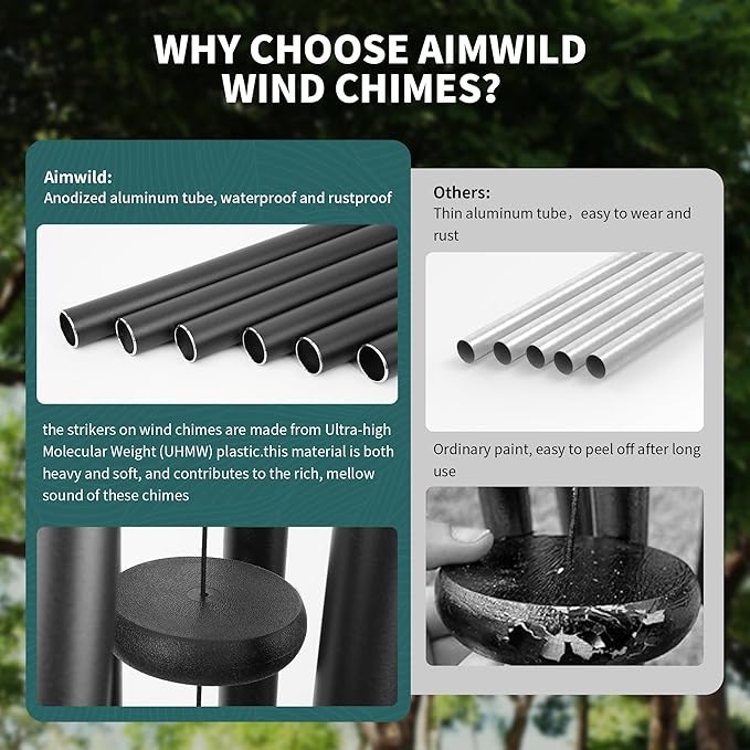 Wind Chimes for Outside Memorial – 45“ Large Outdoor Sympathy Windchime Tuned to C, Deep Tone, Gift for Mom Dad, Garden Decor with Blessing Card, Black