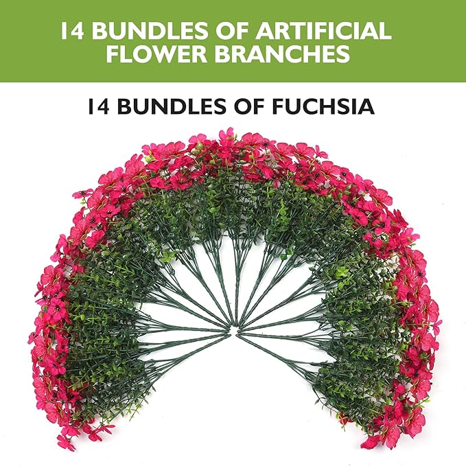 14 Bundles Artificial Flowers UV Resistant for Patio Outdoors Fake Faux Silk Plants Realistic Plastic Flowers Indoors Porch Window Home Decoration (14, Fuchsia)