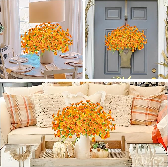 Uieke 24 Bundles Artificial Flowers for Outdoors - UV Resistant Fake Daisy Mums Faux Fall Flowers No Fade for Home Garden Patio Autumn Decor - Orange Yellow