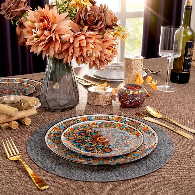 60PCS Bohemian Plastic Plates - Boho Plate Disposable - Vintage Bohemian Style Plate Include 30 Dinner and 30 Dessert Plates for Kitchen Party Decorative