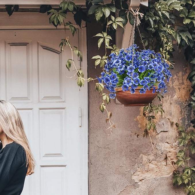 15 Bundles Artificial Flowers UV Resistant Outdoor Plants No Fade Faux Plastic Shrubs Fake Silk Flowers Window Box Garden Porch Home Decoration(Blue)