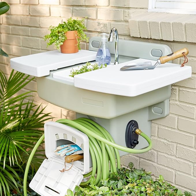 BrylaneHome Outdoor Wall Mounted Outdoor Garden Sink w/Hose Holder - No Plumbing Required Mountable Outdoor Faucet - White