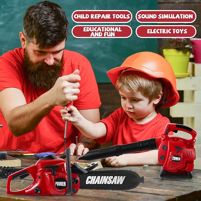 2 Pcs Toy Gardening Tool Set for Kids Leaf Blower, Toy Chainsaw Battery Powered Gardening Tool Set with Lights and Sounds Gift for Boys Girls