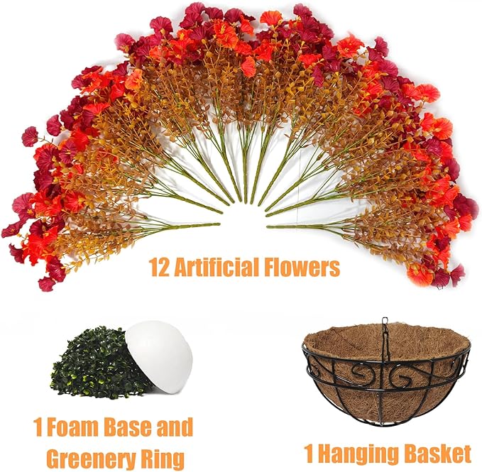 2 Set Artificial Hanging Flowers Plants Basket for Outdoors Fall Decorations, 24 Pcs UV Resistant Faux Morning Glory Fake Petunias with 2 Hanging Planter for Home Porch Balcony Garden Decor